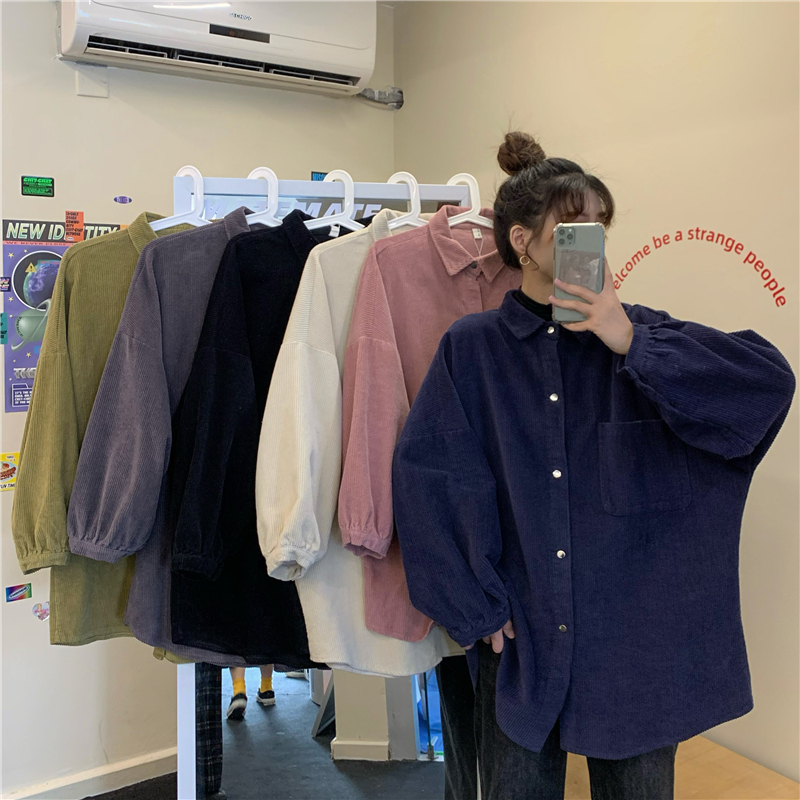韓国のファッションの女性レトロなコーデュロイブラウス女性原宿ストリート特大トップス長袖ヴィンテージボタンダウンシャツ