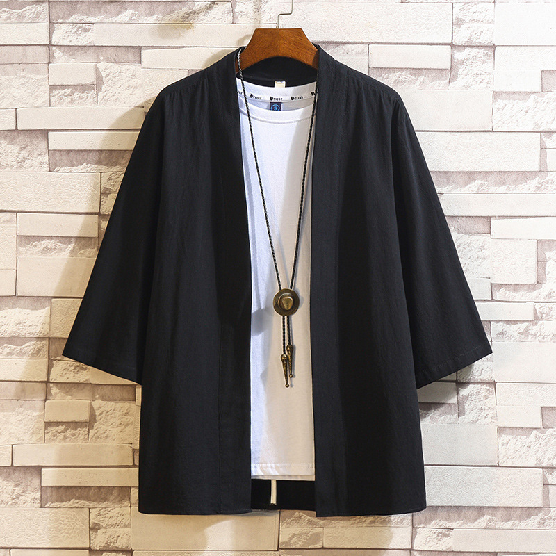 Large Size Men Cotton Linen Japanese Kimono Cardigan Jackets Traditional Japanese Samurai Costumes Loose Black Male Haori Yukata
