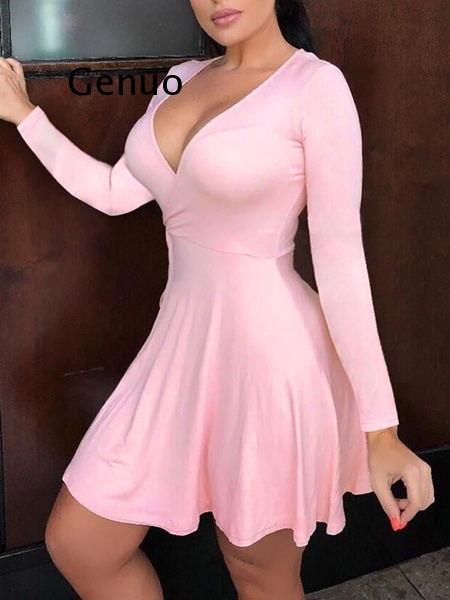 Mode Einfarbig Langarm Frau Kleid Sexy & Club Tiefem V-ausschnitt Kurzes Kleid Frauen, Figurbetontes Kleid