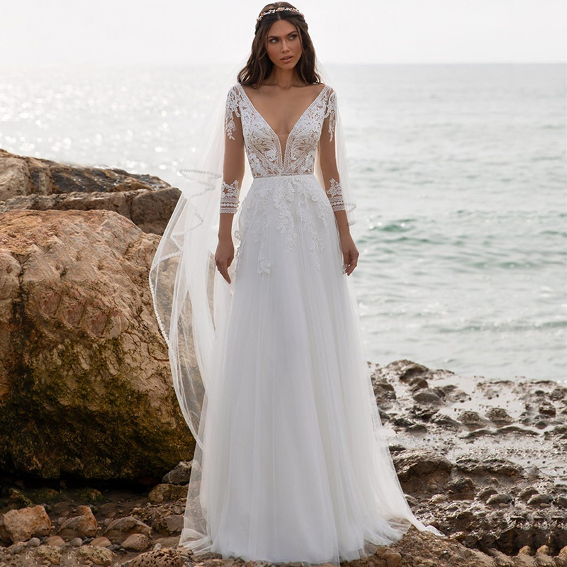 Vestidos de novia bohemios de manga larga para el verano, ropa de novia de encaje con escote en V, sin espalda, tren de barrido, gran oferta, 2021