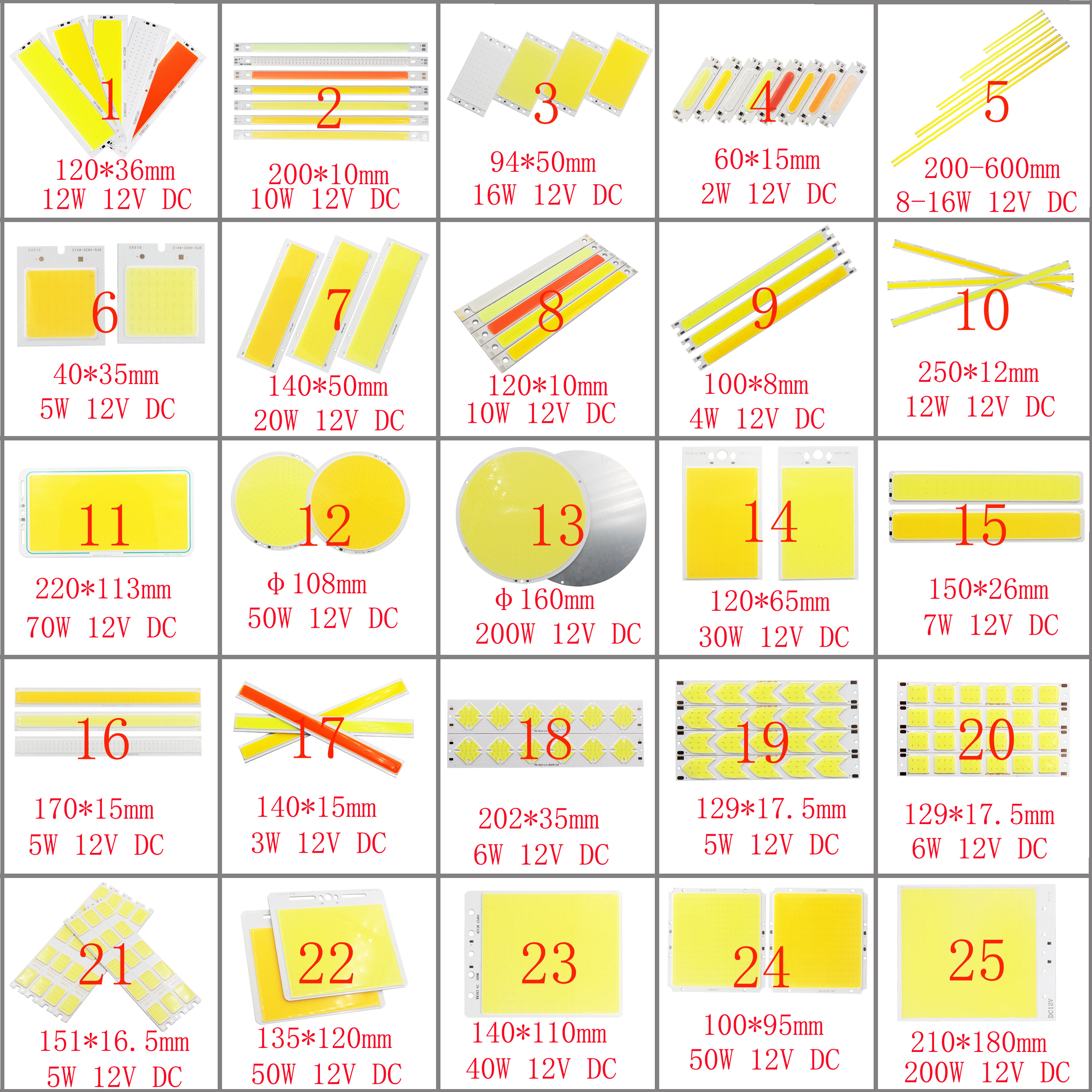DC 12V Todos os Tamanhos COB LED Strip Panel Light 2W-300W Módulo Bar Bulb para DIY Night Stage Effect Lamp