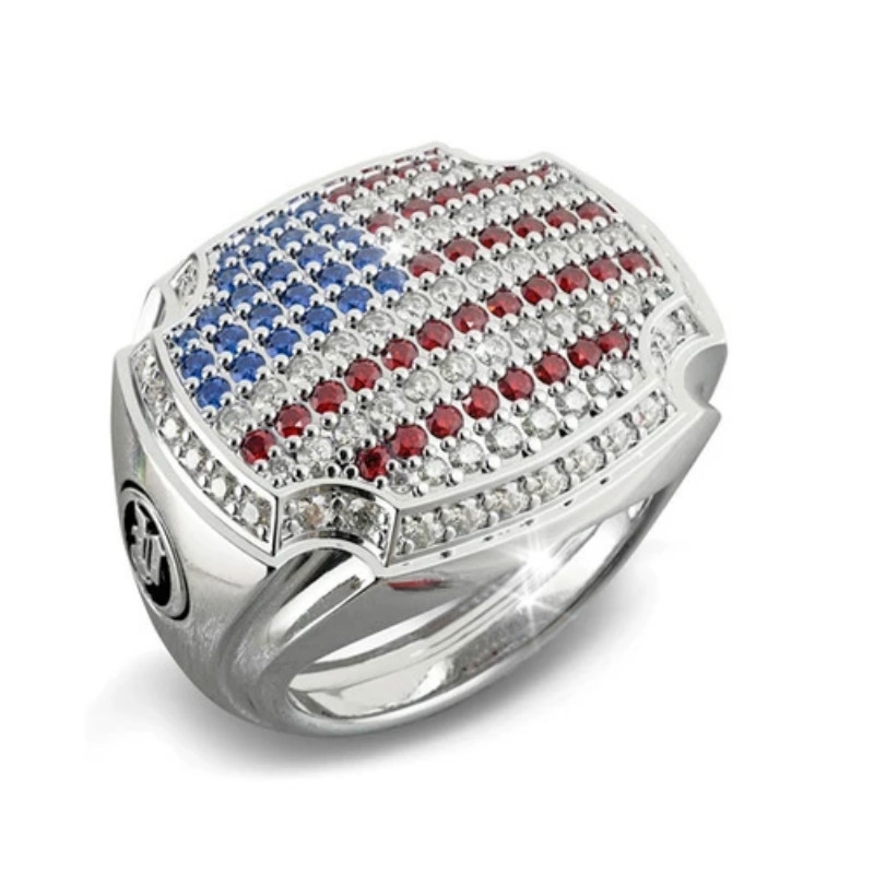 Sang Trọng Nữ & Nam Mỹ Quốc Kỳ Và Đỏ Zircon Cưới Ban Nhạc Nhẫn Cho Cô Dâu Bộ Nhẫn Size 6-12