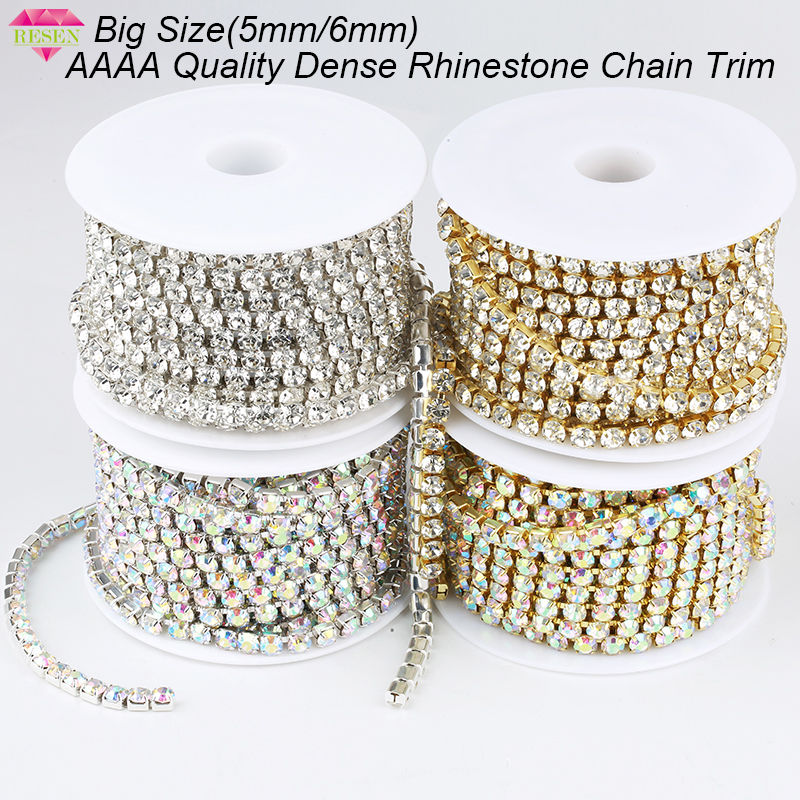 RESEN AAAA ใหญ่ขนาด5มม./6มม.Sliver/Gold หนาแน่นคริสตัล AB Rhinestone ห่วงโซ่ Trim ทองเหลือง strass แก้วคริสตัลสำหรับจักรเย็บผ้า