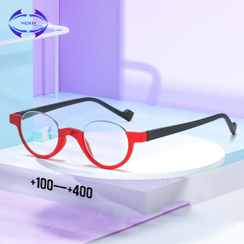 VCKA okrągłe pół ramki okulary do czytania kobiety mężczyźni Ultra lekkie przenośne osobowości wygodne okulary Presbyopic + 1.00 do + 4.00