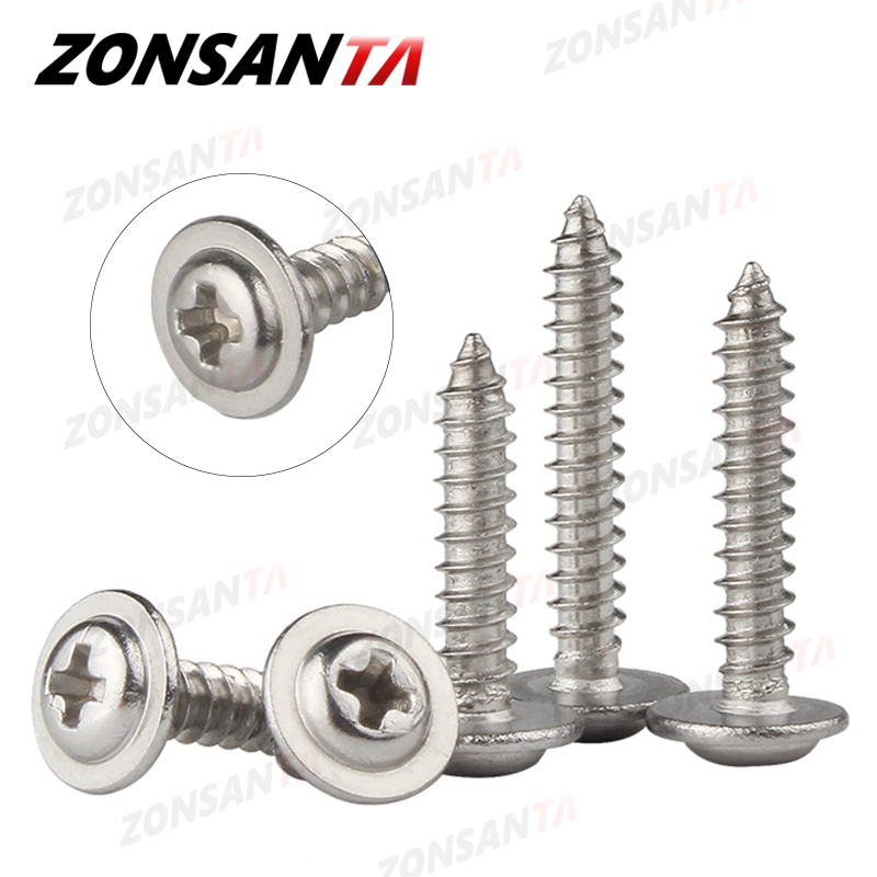 ZONSANTA 50 Buah M1.4 M1.7 M2 M2.3 M2.6 M3 M4 Lintas Kepala Bulat dengan Mesin Cuci Diri Penyadapan Sekrup 304 Baja Tahan Karat Sekrup Kayu