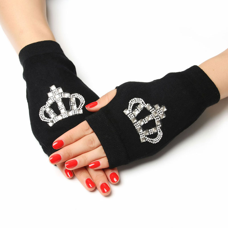 Guantes de punto sin dedos con patrón de animales de dibujos animados encantadores para mujer, lentejuelas de diamantes, guantes de personalidad creativos de invierno
