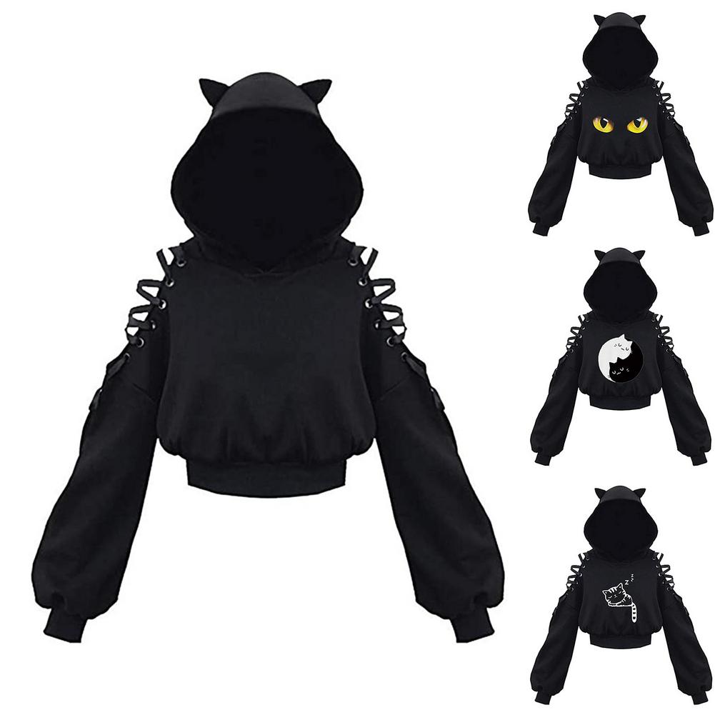 Harajuku-Sudadera larga sin mangas para mujer, jersey con capucha y orejas de gato, con cordones, Top corto