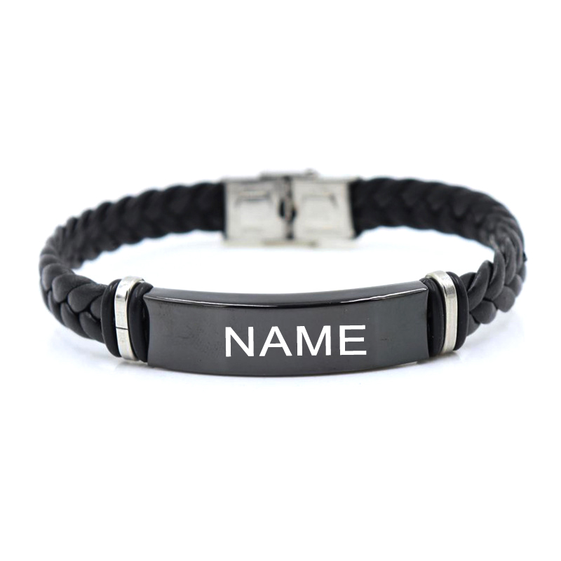 Pulsera de cuero con grabado de nombre y logotipo personalizado, Color negro, pulseras personalizadas de acero inoxidable para mujeres y hombres, pulsera de identificación