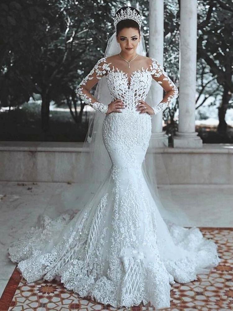 Sparkly Lace Trouwjurk Mermaid Illusion Lijfje Vestido De Noiva Lange Mouwen Sheer Hals Applicaties Bruidsjurken 2020 Lente