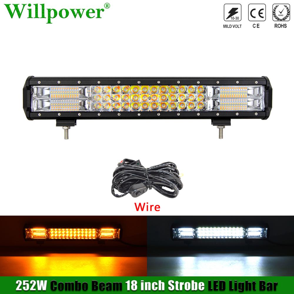 Barre lumineuse LED stroboscopique pour SUV et voiture, lampe de conduite, antibrouillard, jaune et blanche, UTV tout-terrain, camion 4x4, 252W, 18 po, 514-up, flash pour documents de touristes