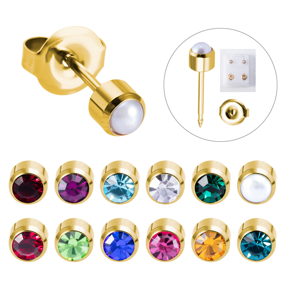 Brinco de aço banhado a ouro, 2 peças, para piercing de orelha, arma, pedra de aniversário, cz, brincos de orelha, tragus, cartilagem, joias corporais