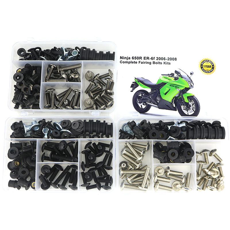 ชุดน็อตครอบแฟริ่งครบชุด สำหรับรถมอเตอร์ไซค์ Kawasaki Ninja 650R ER-6f ปี 2006-2008 พร้อมคลิป แหวนรอง น็อต และตัวยึดเหล็ก