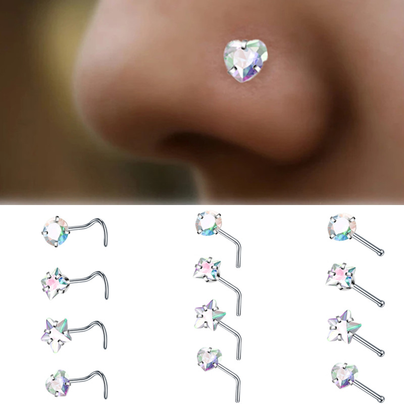 Juego de aros de acero quirúrgico para la Nariz y el corazón, Set de 4 Uds. De Piercing para la Nariz con forma de L y estrella Real