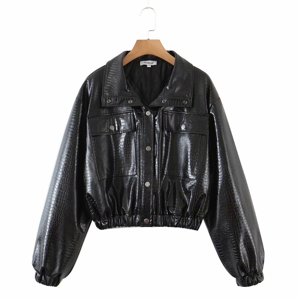 Mantel Wanita Kulit PU Hitam Musim Gugur Musim Dingin Baru Jaket Longgar Hangat Berlapis Katun Pakaian Luar Jaket Biker Pendek Kerah