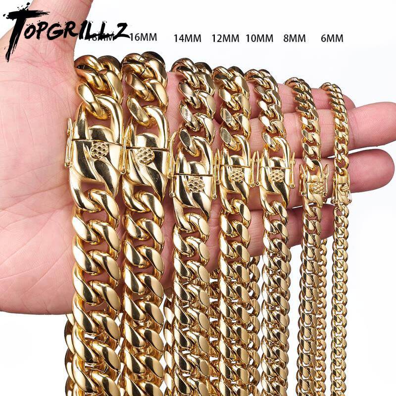TOPGRILLZ-botón de grifo de cadena cubana de Color dorado de acero inoxidable, joyería de moda de Hip Hop para regalo de 6MM/10MM/12MM/14MM/16MM/18MM