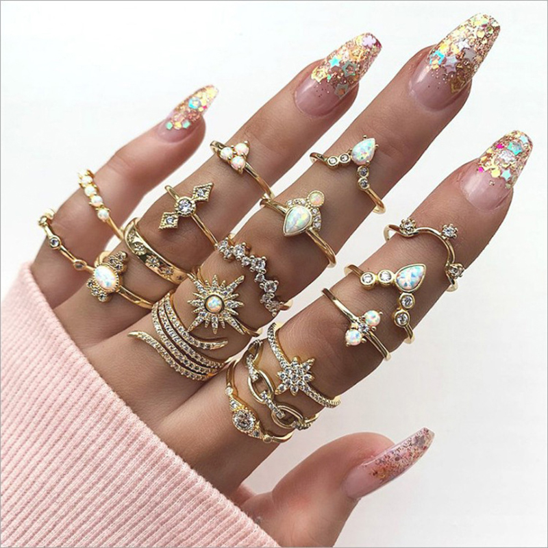 Ensemble d'anneaux d'Li-géométriques bohèmes pour femmes, forme de salle de bain, bague en cristal pour femme, cadeau de bijoux de mariage Boho, 17 pièces par ensemble