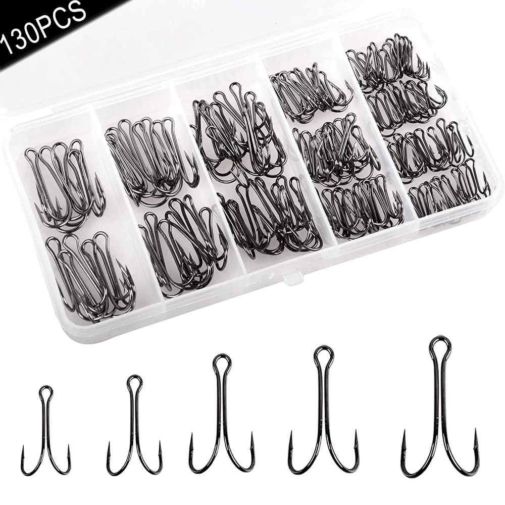 130 unids/caja anzuelo de pesca doble de vástago largo, cebo de rana, anzuelos de señuelo, atado de moscas, anzuelo doble para anzuelos de lubina Jig