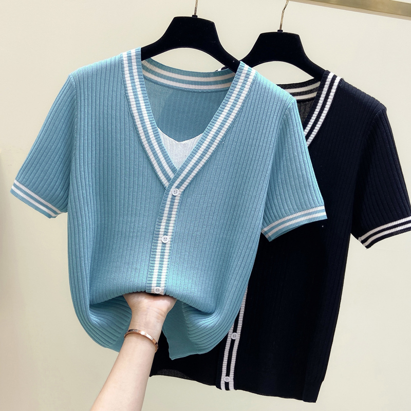 M-4XL Große Größe Frauen Sommer v-ausschnitt Kurzarm Streifen Gestrickte Pullover T Basis Wolle Übergroßen Pullover Frauen Jumper T-shirt