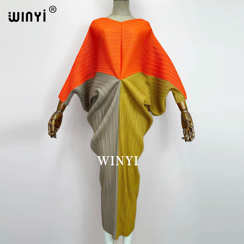 Plissado Mulher Vestido ตี Cor V Colarinho Batwing Manga Longa Solta Bezerro Vestidos De Comprimento Longo Estilo สบายๆ2021