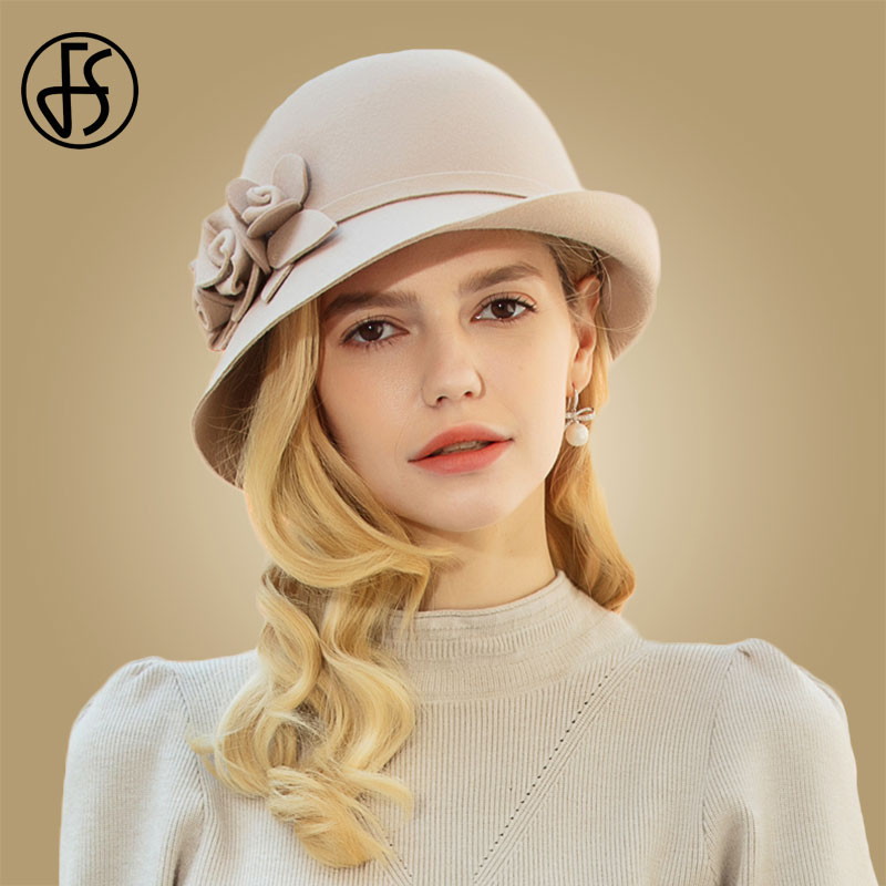 FS 100% sombreros Fedora de fieltro de lana negra australiana para mujer Vintage ala ancha invierno Iglesia Cloche Derby sombrero Fedoras Bowler Cap