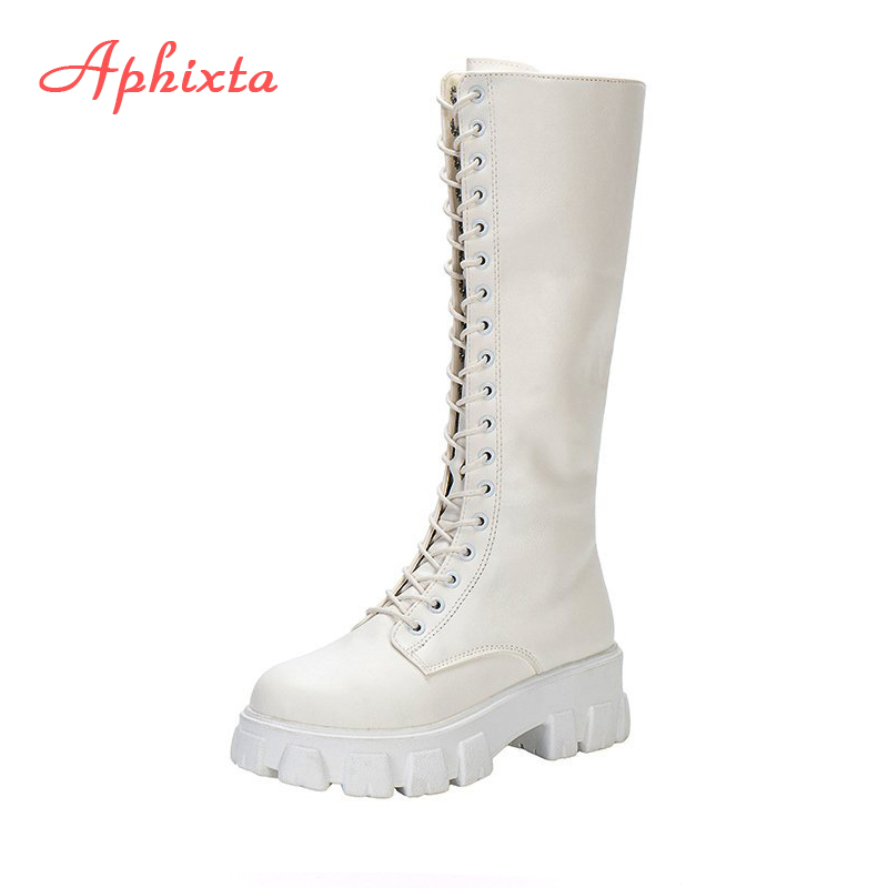 Aphixta 2026 Stivali Invernali da Donna, Stivali Alti al Ginocchio in Pelle PU Bianca, Stivali Femminili alla Moda con Lacci e Piattaforma, Botas Mujer