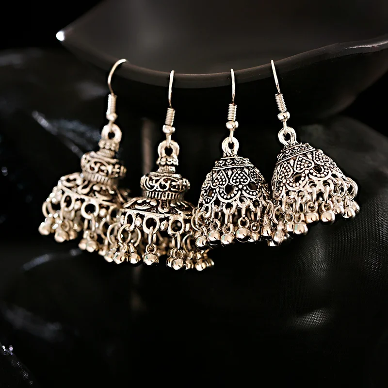 Tybetańska biżuteria w stylu Vintage kolor srebrny dzwony indyjskie kolczyki damskie etniczne z dziurką kwiaty Tassel kolczyki Jhumka Ohrringe