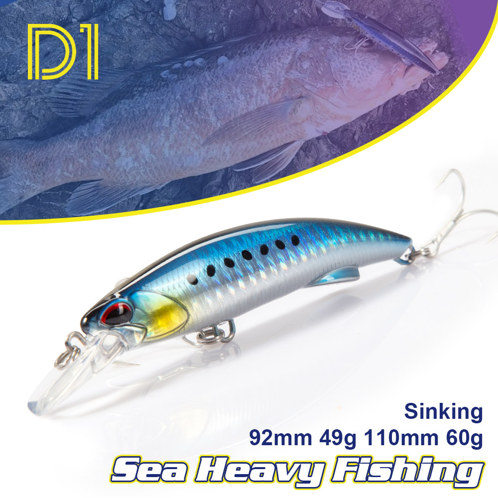 Воблер D1 Sea Minnow, тяжелый тонущий, 92 мм 49 г, 110 мм 60 г, для рыбалки с берега и с морских скал, жесткая приманка для тунца, карпа, щуки, с тройными крючками, DT5005