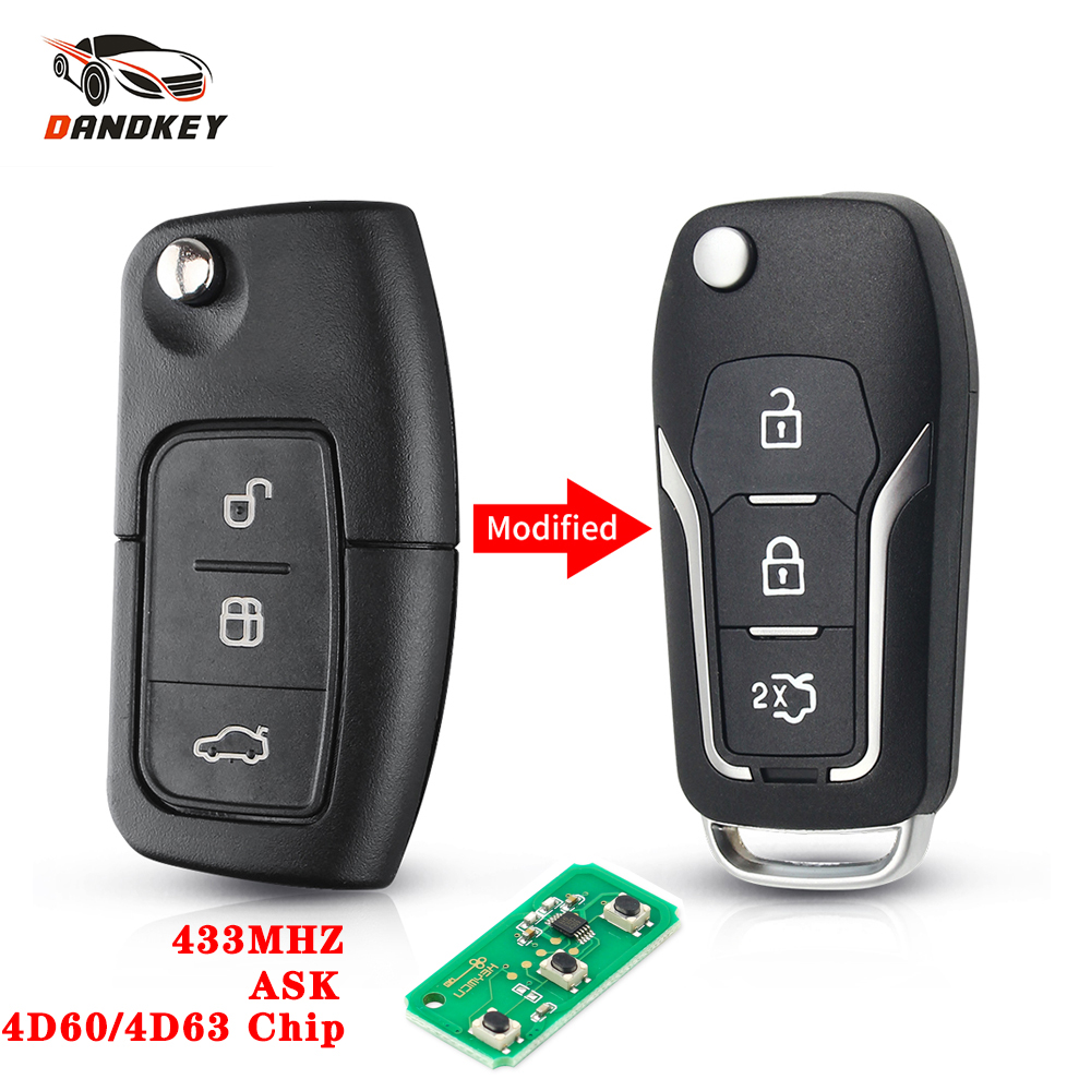 Dandkey 433MHz 4D60 4D63 Chip 3 Buttons Flip Modified Remote Control Car Key For Ford Focus 2 3 Mondeo Fiesta Key Fob HU101 Case