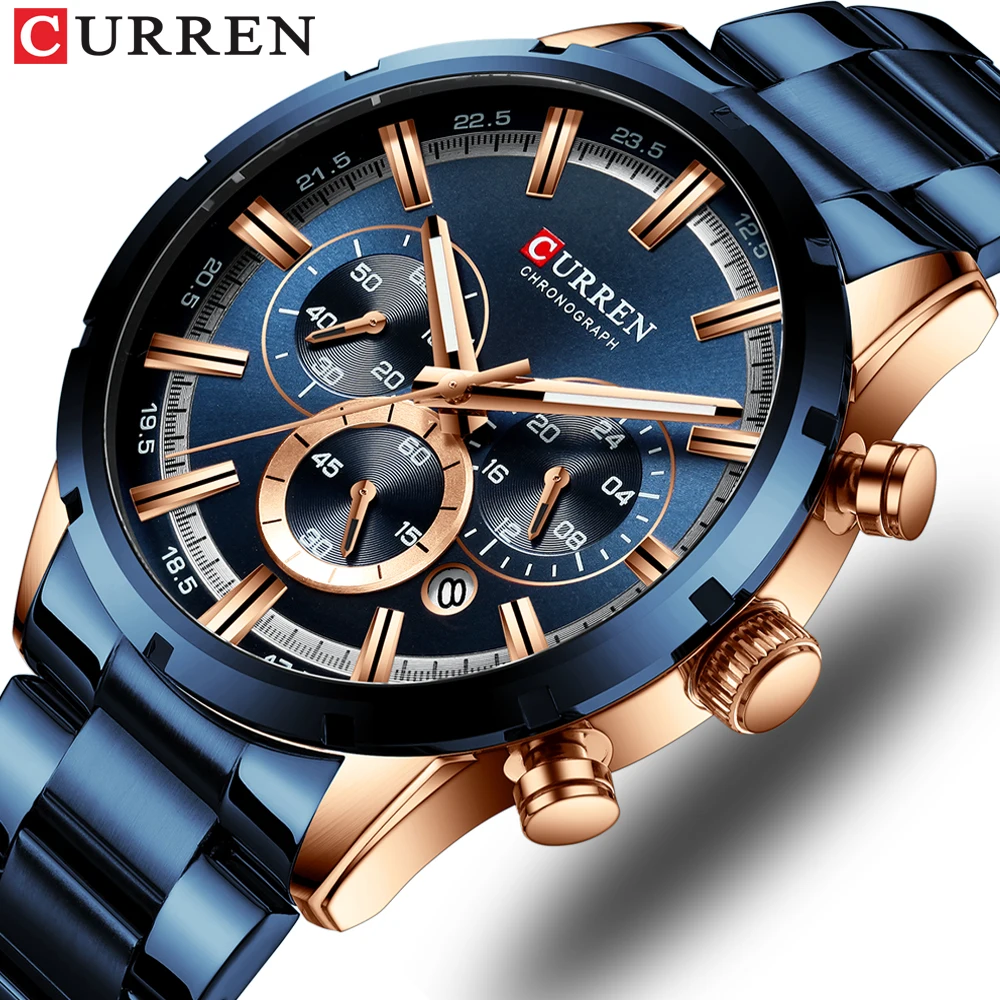 CURREN – reloj curren para hombre, de cuarzo, deportivos, de pulsera de acero, resistente al agua, con cronógrafo, masculino