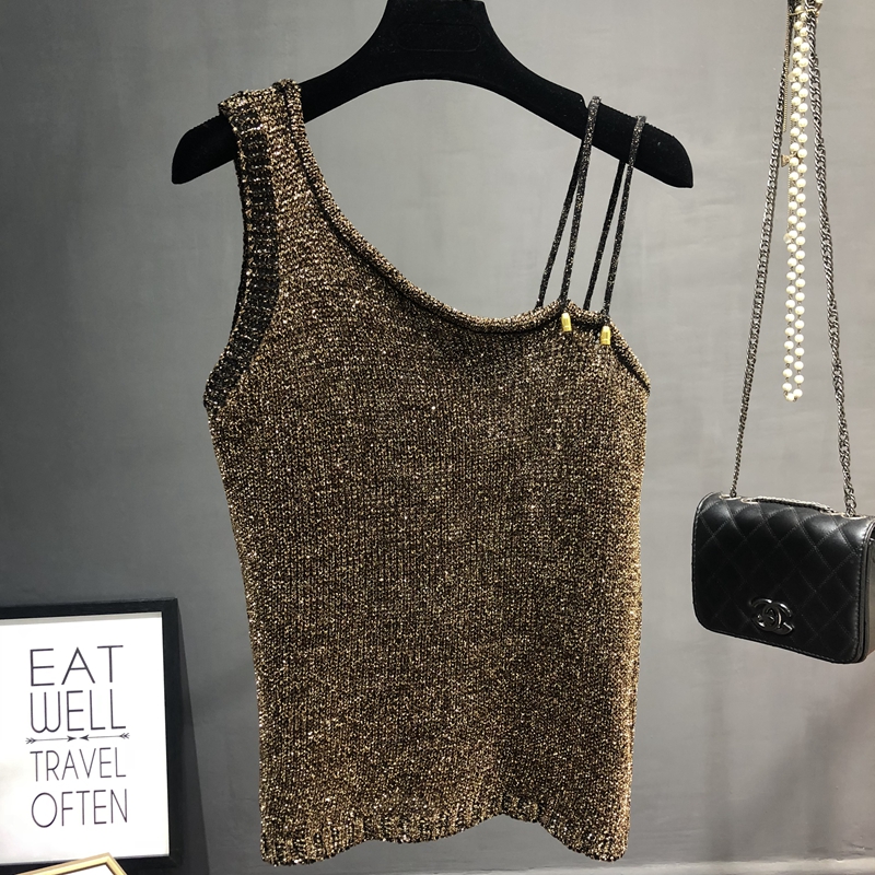 Estate nuova Sexy spalla inclinata Joker maglione gilet mostra sottile lucido brillante seta facile Ins Condole Top femminile