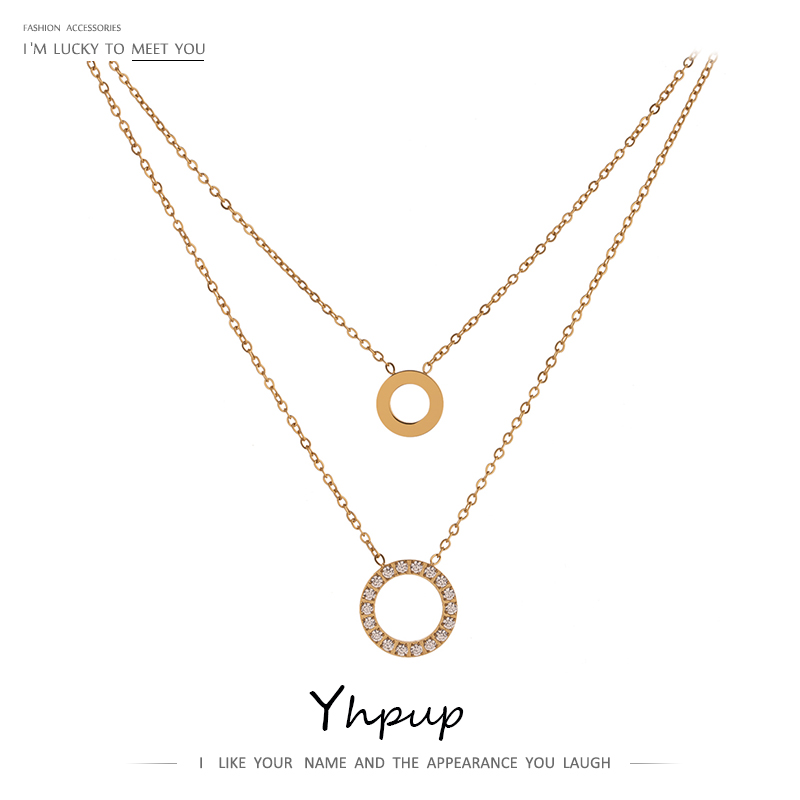 Yhpup-collar de acero inoxidable para mujer, gargantilla de Circonia cúbica, exquisita, redonda, con capas huecas, delicada y brillante