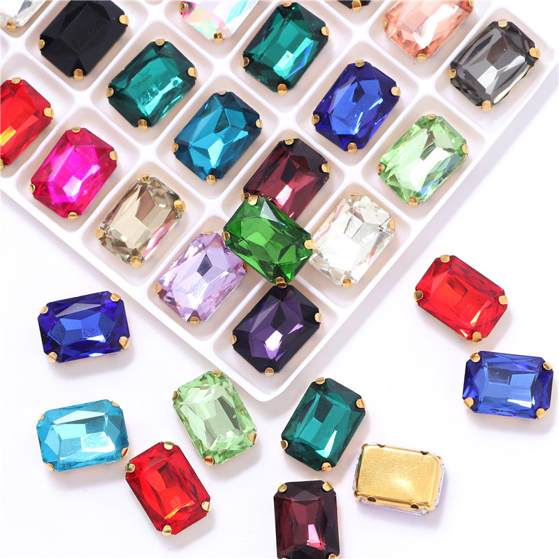 Strass en verre de cristal de formes rectangulaires, 10x14mm, 13x18mm, avec griffe dorée, pierres précieuses à coudre pour vêtements, accessoires