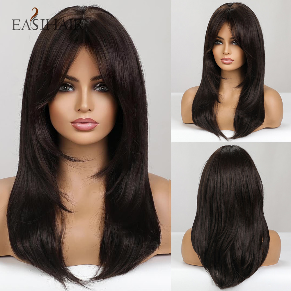 EASIHAIR สีน้ําตาลเข้มวิกผมสังเคราะห์สีดํากับ Bangs ปานกลางตรง Layered ขนธรรมชาติสําหรับผู้หญิงคอสเพลย์ทุกวันทนความร้อน