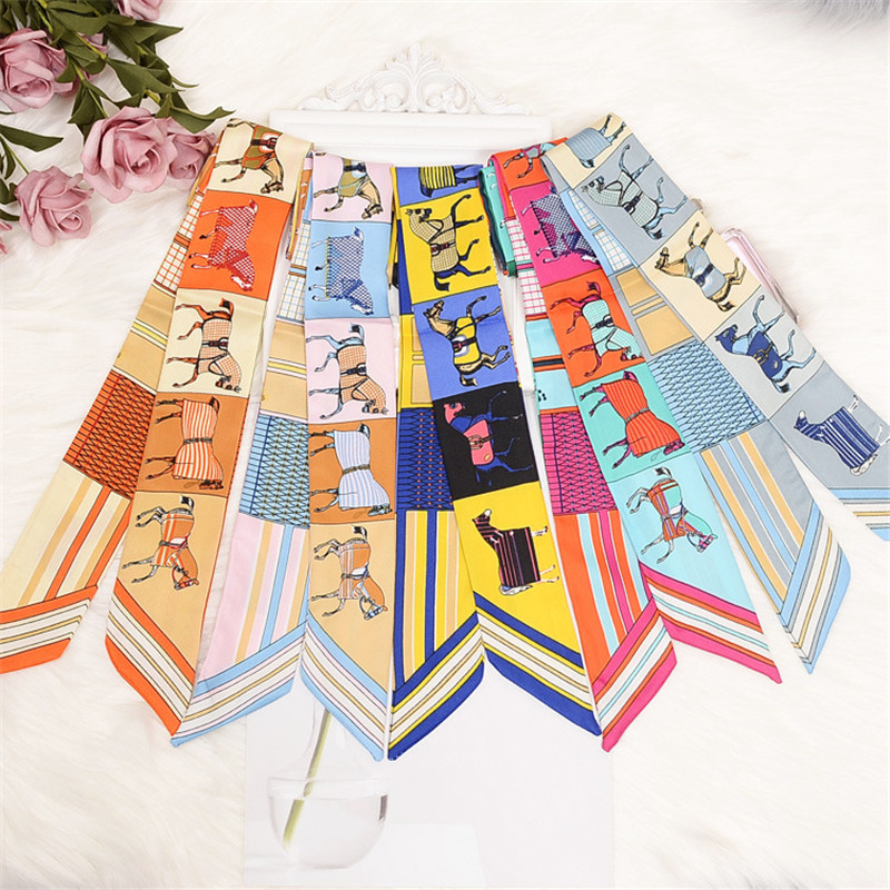 Cavalo impressão saco cachecol 2024 novo pequeno lenço de seda magro feminino marca luxo foulard gravata moda cabeça cachecóis para senhoras