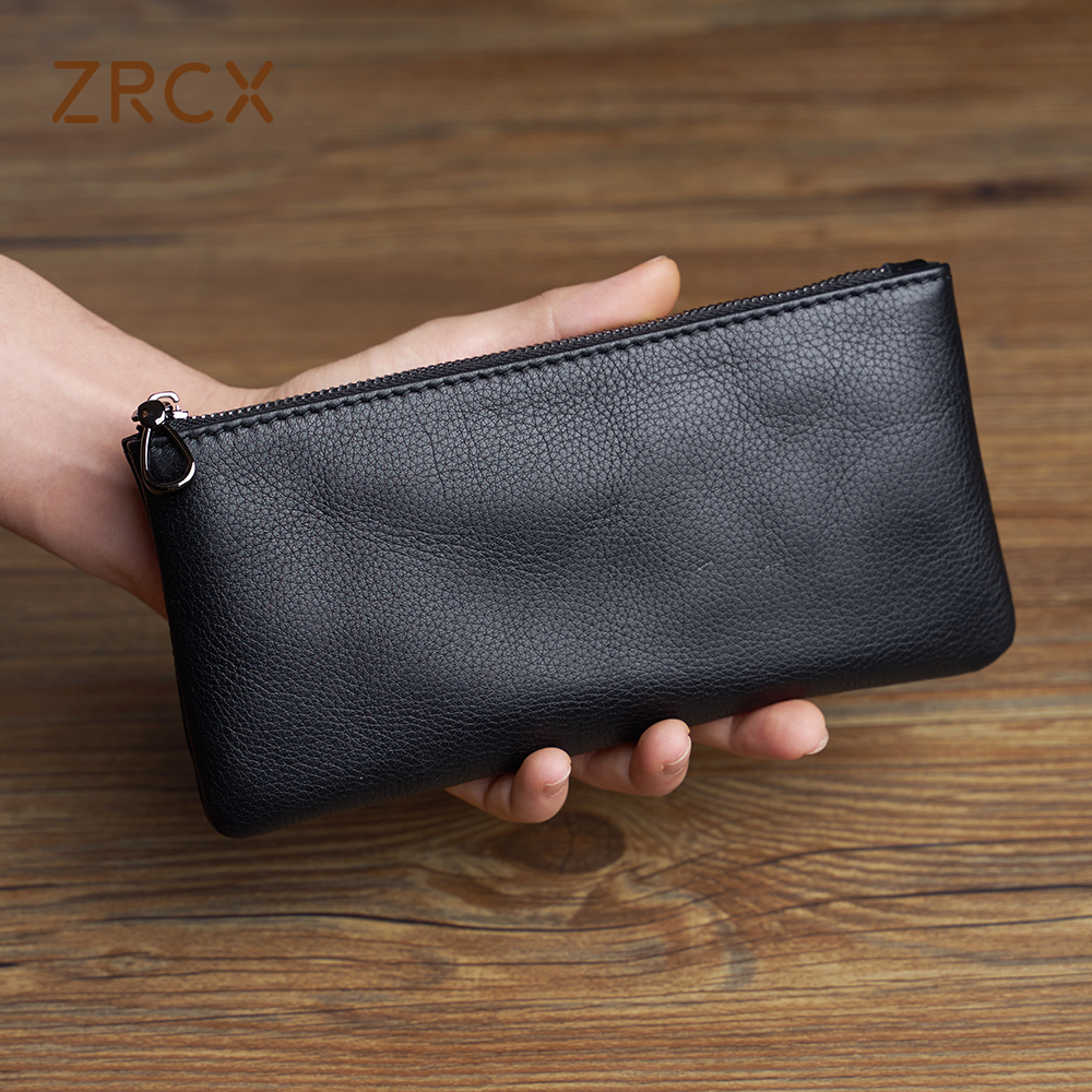 ZRCX Cartera de cuero genuino con cremallera larga para hombre, primera capa de piel de vaca, bolso de mano ultrafino para jóvenes, cartera sencilla de marca a la moda