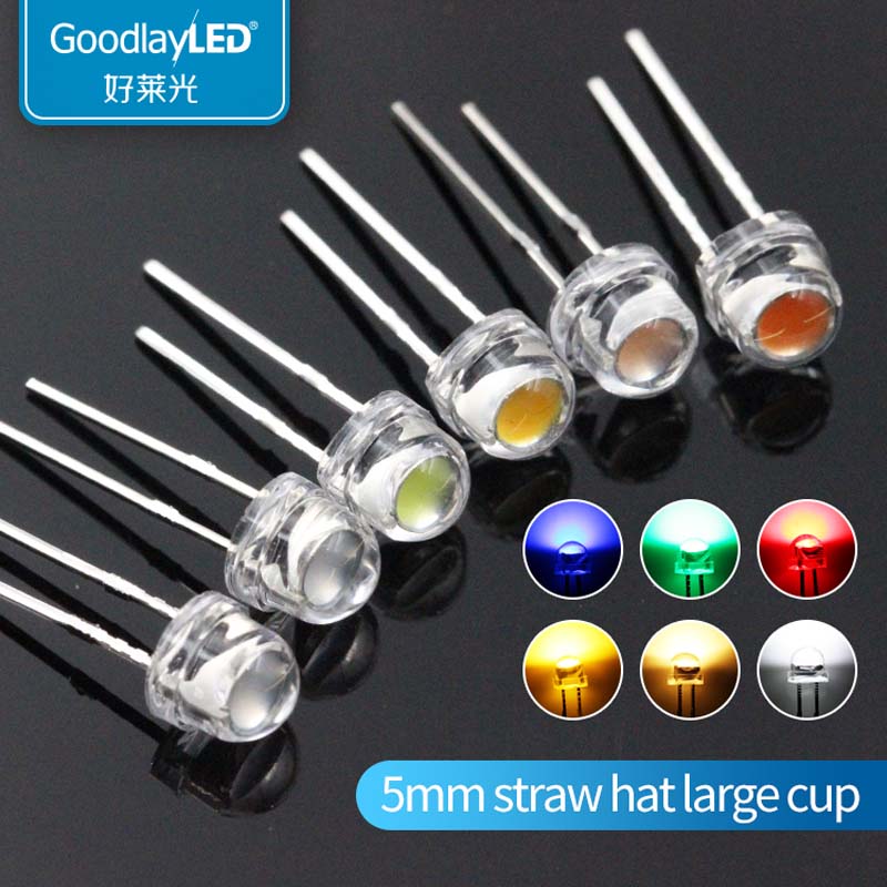 1000PCS 5MM Straw Hat Large Cup Short Leg Edge 0.2W White Red Blue Green Yellow DIP LED LAMP Light-Emitting Diode