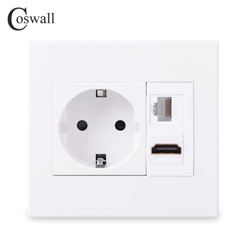 Coswall soket daya dinding Panel PC EU + soket Data Internet wanita kompatibel HDMI 2.0 + CAT6 RJ45