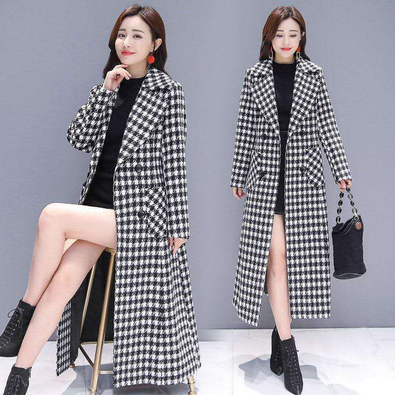 2026 Mode Lente Geruite wollen jas Dameskleding Elegant Slank Temperament Lange Buitenkleding Winddicht Dames Windjacks