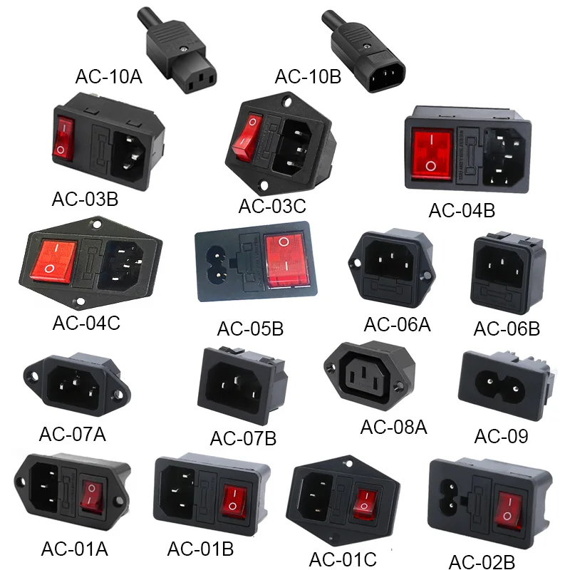 Inlet Plug Pin Connector 3 Pin IEC320 C14 Electrical Socket LED 250V Rocker Switch Brass 10A Fuse Computer Mount Accessories
