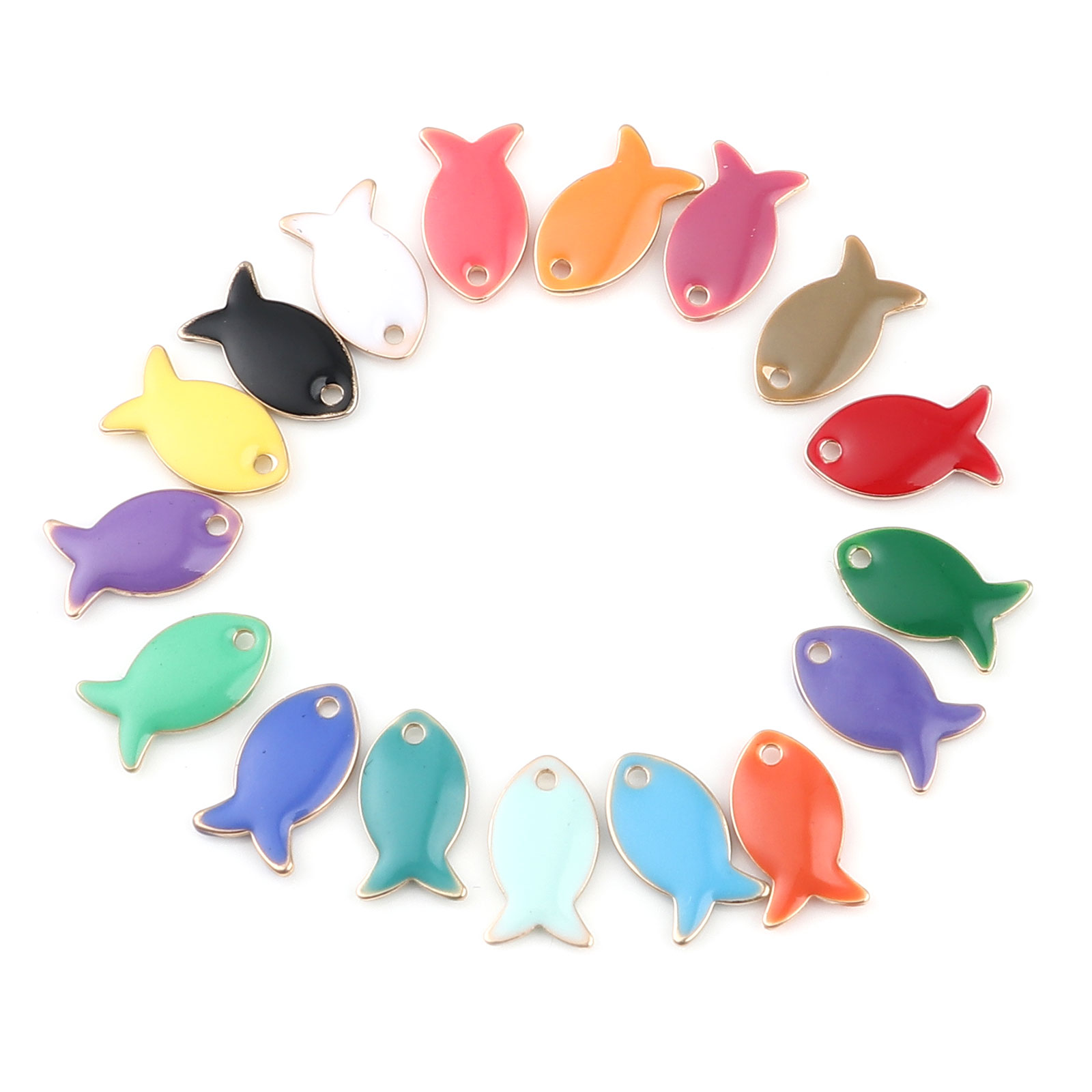10PCs Miedziane dwustronne małe rybki emaliowane cekiny Charms Wisiorek do tworzenia biżuterii Ustalenie złotego koloru 14mm x 8mm