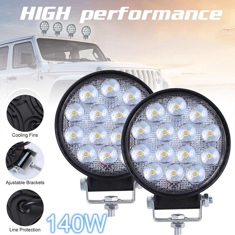 2 szt. Okrągła listwa LED 140W 6000K Reflektor Żarówka Okrągła Lampa Robocza LED 14000LM Pasuje do Samochodu Ciężarówki Łodzi 4x4 Jeep Off