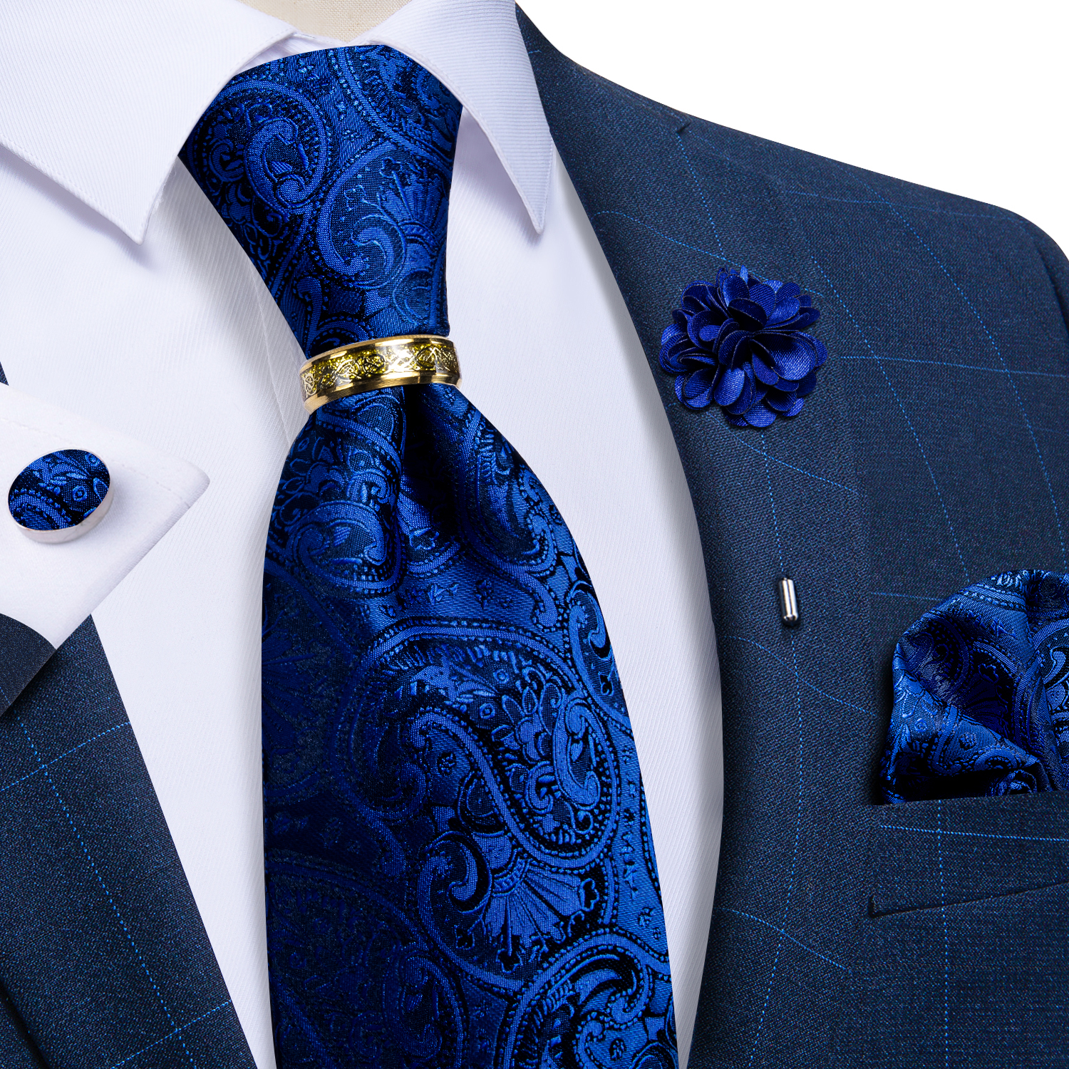 Ręcznie robiony krawat męski Paisley Floral Royal Blue Klasyczny szyjny krawat żakardowy o szerokości 8 cm z kieszenią Kwadratowe spinki do mankietów Broszka