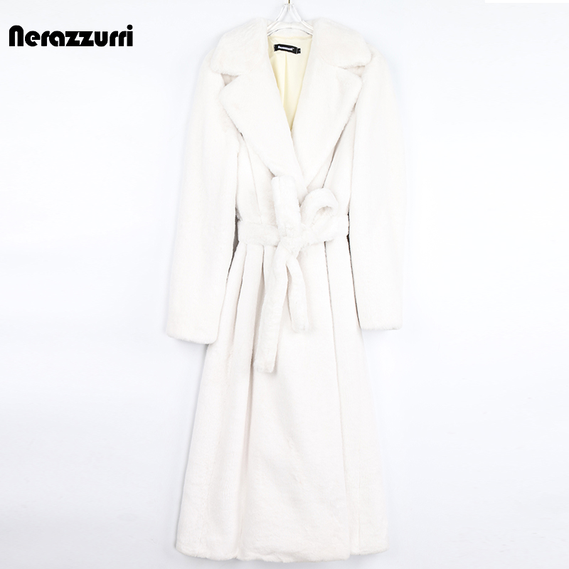 Nerazzurri – manteau d'hiver en fausse fourrure pour femme, Long, blanc, noir, chaud, manches longues, ceinture, revers, élégant, mode coréenne, sans boutons