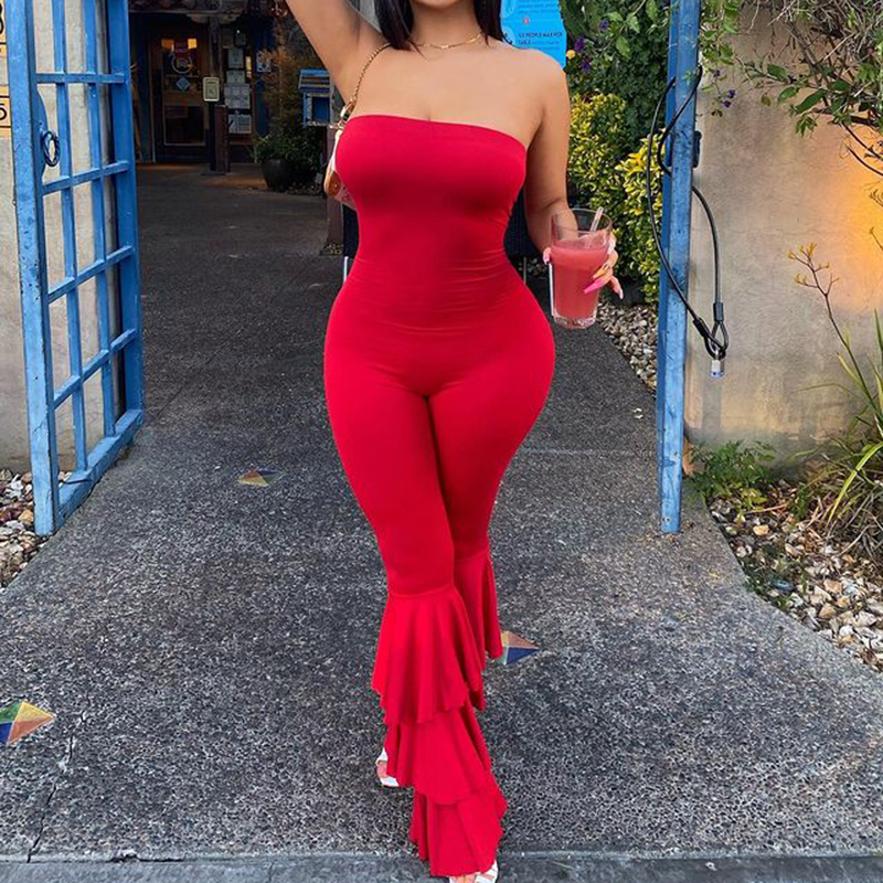Tuta Casual Sexy aderente senza spalline da donna moda rossa nuovi pagliaccetti senza schienale pantaloni svasati impilati tute Streetwear un pezzo