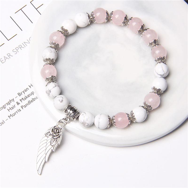 Handmade Silver สี Rose Angel Wing จี้สร้อยข้อมือคริสตัลควอตซ์สีชมพูธรรมชาติลูกปัด Charm สร้อยข้อมือผู้หญิงเครื่องประดับโรแมนติก