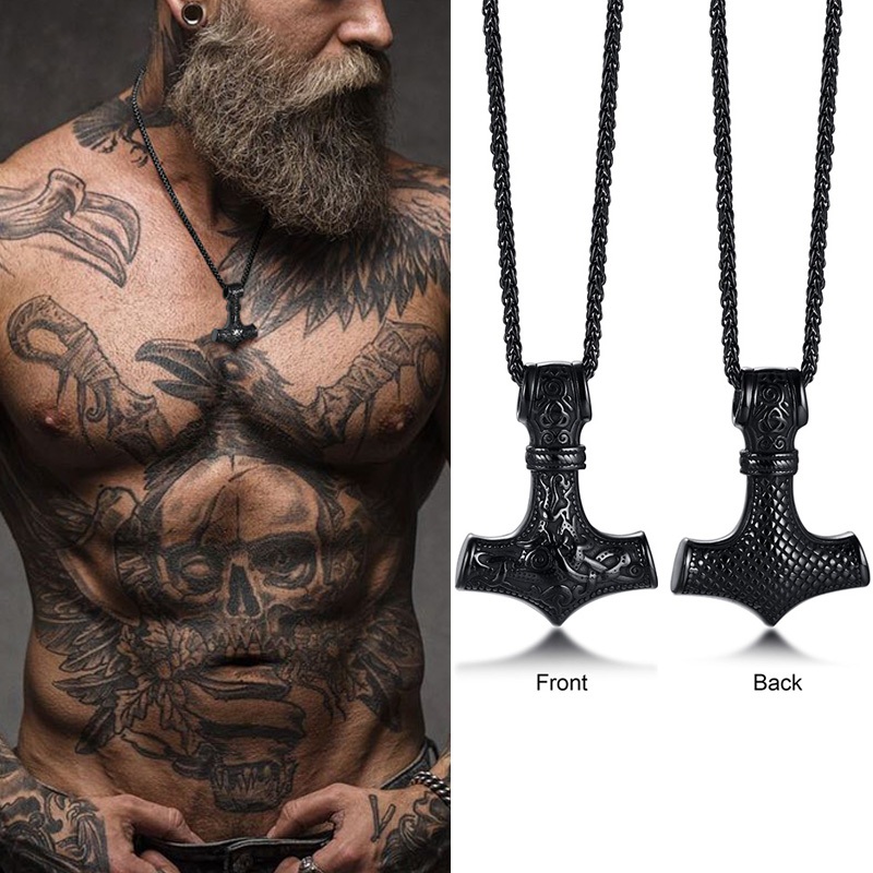 Mjolnir The Hammer of Thor Norse Pagan Symbol collana con ciondolo in acciaio inossidabile Double Sided Dragon Design Viking Jewelry