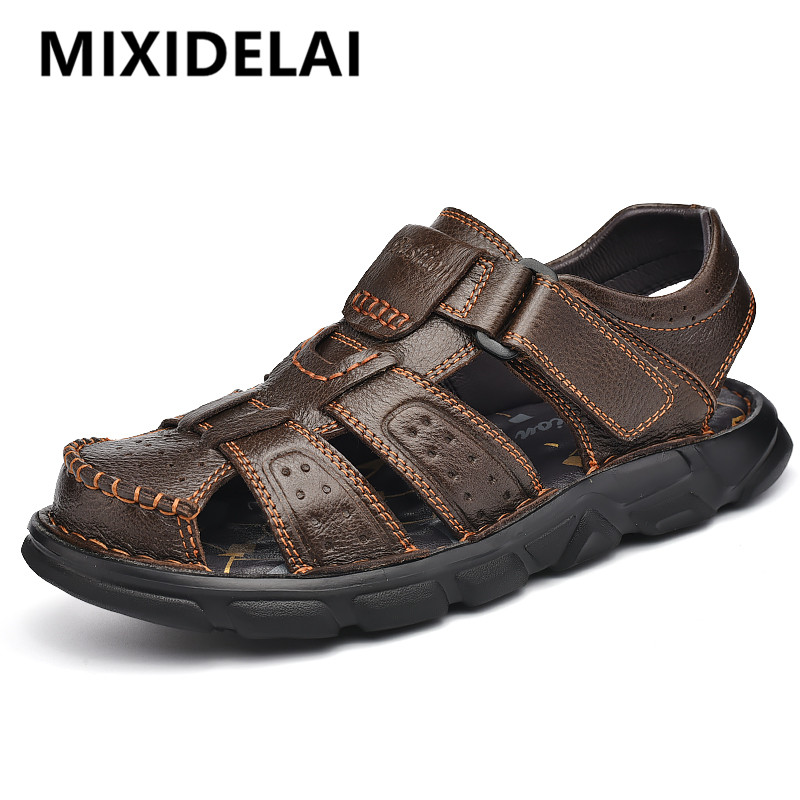 Zapatos informales de cuero genuino para hombre, sandalias clásicas de alta calidad para hombre, zapatillas de deporte para caminar al aire libre de verano, sandalias transpirables para hombre