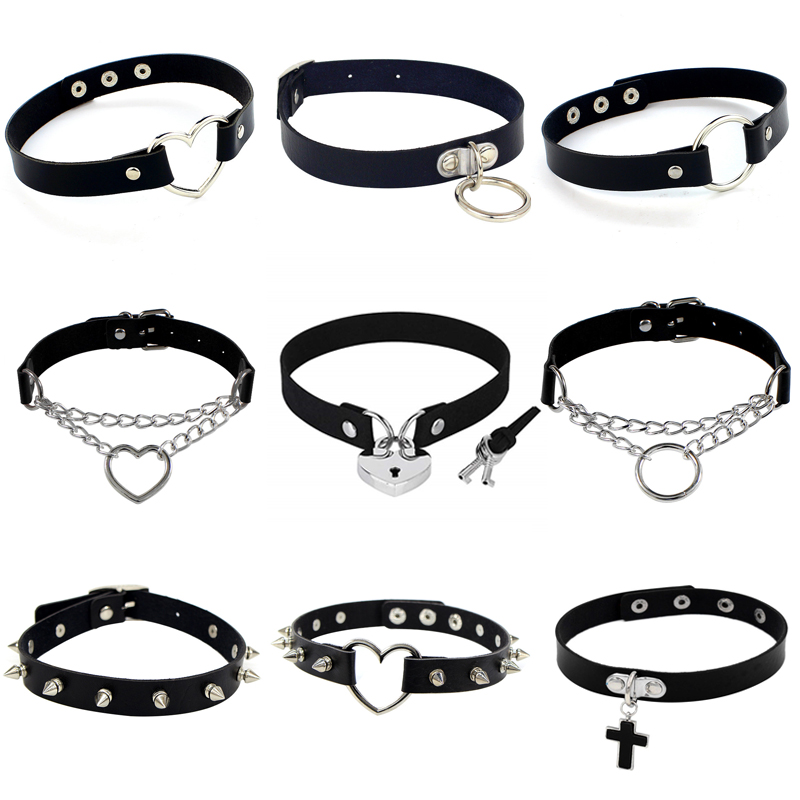Gargantilla de cuero sintético con tachuelas para mujer, Collar con remaches, llave y corazón, estilo Punk, joyería para fiesta de cumpleaños, 2023