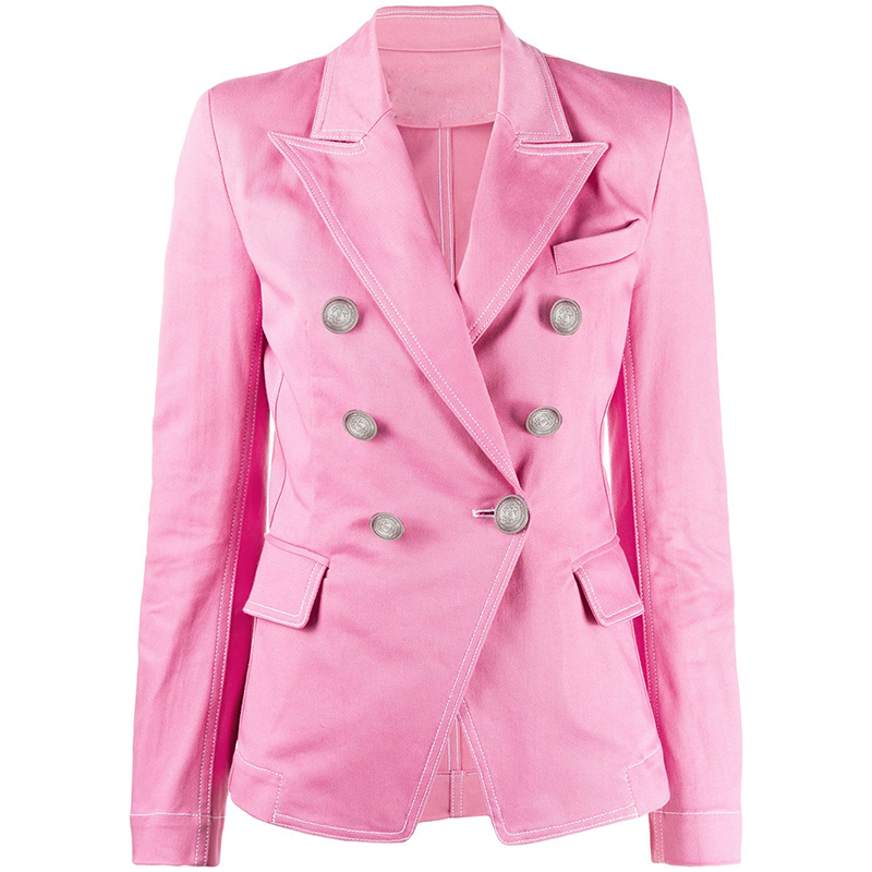Blazer Desainer Bagus Terbaru Kualitas Tinggi Atasan Kancing Singa Berkancing Dua Baris Wanita Jahitan Jaket Blazer Denim Merah Muda Kontras