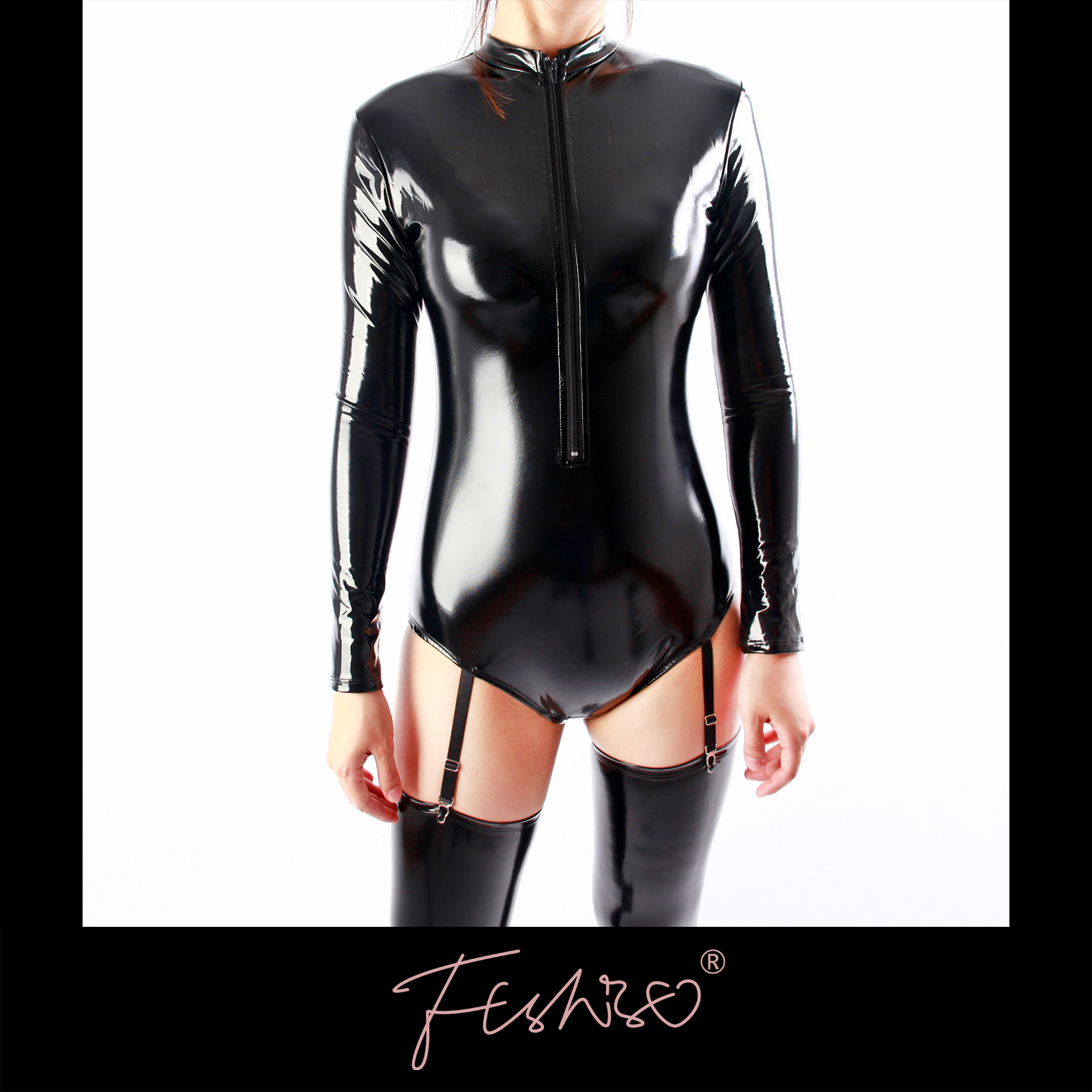 Ftshist-body de charol de una pieza con cremallera, traje de baño escolar japonés Sukumizu de piel sintética brillante, medias de Color sólido
